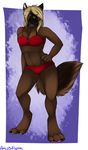  abstract_background anthro black_nose blonde_hair blue_eyes bra breasts canine claws clothing dog female flynx-flink hair hand_on_hip long_hair looking_at_viewer mammal navel panties pawpads paws slim smile solo standing underwear 
