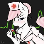  abstract_background anthro bandage bedroom_eyes between_breasts blue_eyes blush breasts cleavage clothed clothing cutie_mark equine female friendship_is_magic fur hair hi_res horse ivorylace long_hair looking_at_viewer mammal my_little_pony nurse nurse_redheart_(mlp) nurse_uniform open_mouth pink_hair pony presenting skullgirls solo standing thermometer white_fur 