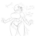  big_breasts breasts chocobo clothed clothing costume dialogue digital_drawing_(artwork) english_text fan_character female jrvanesbroek monochrome navel sketch skimpy solo text thong 