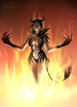  black_hair breasts claws clothed clothing demon female fire front glowing glowing_eyes hair horn humanoid kuruka skimpy solo standing 