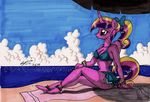  2014 anthro bikini bracelet breasts cleavage clothed clothing cloud cutie_mark equine female friendship_is_magic hair hair_bow happy horn jewelry mammal marker_(artwork) multicolored_hair my_little_pony navel newyorkx3 outside princess_cadance_(mlp) smile solo swimsuit towel traditional_media_(artwork) winged_unicorn wings 