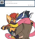  anthro anthrofied ask_blog beelzemon_(artist) clothed clothing duo english_text fan_character ga&euml;l_the_scrafty gay greninja half-dressed hug kissing luce_the_greninja male nintendo o_o pok&eacute;mon scarf scrafty surprise text topless video_games 
