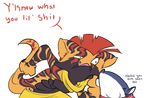  angry annoyed anthro anthrofied arguing beelzemon_(artist) bent_over clothed clothing comic duo english_text fan_character ga&euml;l_the_scrafty greninja half-dressed luce_the_greninja male mocking mohawk nintendo pok&eacute;mon scrafty text topless video_games 