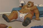  5_toes altarus_demios anthro barefoot bear bed bedroom black_nose blush brown_fur chubby claws clothing dj-rodney eyewear fur glasses grizzly_bear hindpaw inside male mammal nipples paws pillow sitting soles spread_legs spreading teeth toe_claws toes topless underwear 