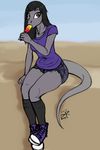  2014 anthro black_hair brown_eyes clothing eyelashes female gecko grey_body hair ldr lizard popsicle reptile scalie shirt shoes shorts sitting solo the_assistant 