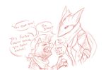  angry anthro anthrofied arguing beelzemon_(artist) clothing duo english_text fan_character ga&euml;l_the_scrafty greninja luce_the_greninja male monochrome nintendo pok&eacute;mon scarf scrafty sketch text video_games 
