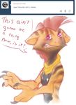  anthro anthrofied ask_blog beelzemon_(artist) dialogue embarrassed english_text fan_character ga&euml;l_the_scrafty humor male mohawk nintendo pok&eacute;mon pun scrafty sketch solo text video_games 