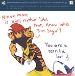  anthro anthrofied arguing ask_blog beelzemon_(artist) clothed clothing comic denial dialogue duo english_text fan_character ga&euml;l_the_scrafty greninja half-dressed luce_the_greninja male nintendo pok&eacute;mon reaction_image scrafty text topless video_games 