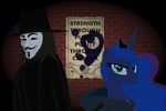  2014 blue_fur blue_hair bricks brown_hair clothing cutie_mark equine female feral friendship_is_magic fur hair hat hoodie horn horse lonewolf3878 male mammal mask my_little_pony pony poster princess_luna_(mlp) spray teal_eyes v v_for_vendetta winged_unicorn wings 