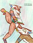  1997 bodypaint brown_fur canine clothing coyote ek_goya feather female fur loincloth male mammal peeing plain_background pussy raised_tail urine watersports 