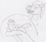  2014 akanisen anthro black_and_white canine dog dragon fur hair horn male mammal monochrome nude oral_vore saliva scales scalie soft_vore tongue tongue_out vore 