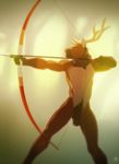  abstract_background anthro antlers archer balls bow_(weapon) cervine deer digital_media_(artwork) horn male mammal nude patto penis ranged_weapon sheath soft_focus solo standing weapon 