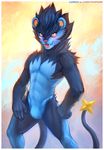  abstract_background blue_fur bulge cheetahpaws fangs front_view fur looking_at_viewer luxray male nintendo open_mouth pok&eacute;mon solo standing video_games 