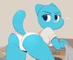  2014 acstlu anthro bent_over blue_body blue_eyes butt camel_toe cat clothed clothing english_text feline female looking_back mammal nicole_watterson plain_background solo stop text the_amazing_world_of_gumball thick_thighs underwear washing_machine 