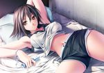  armpits bad_id bad_pixiv_id bed breasts brown_eyes brown_hair game_console large_breasts lying midriff navel original pillow playing_games rezi short_hair shorts solo stomach tomboy wii 