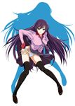  bakemonogatari blue_eyes boxcutter in_panties legs long_hair monogatari_(series) nazo_no_kanojo_x necktie osuzu_akiomi panties parody purple_hair school_uniform scissors senjougahara_hitagi shoes skirt solo thighhighs underwear 