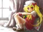  blonde_hair bow dress flandre_scarlet hat one_side_up red_eyes ribbon sad solo touhou wings wrist_cuffs yuumisaitou 
