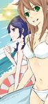  beach bikini blue_hair bodyboard braid brown_hair copyright_name day dutch_angle green_eyes haruta_ran innertube lens_flare long_hair mihashi_taeko multiple_girls power_pro_kun_pocket power_pro_kun_pocket_10 purple_eyes sun swimsuit twin_braids wa_(r_waizumi) 