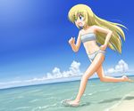  armpits barefoot beach bikini blonde_hair blue_eyes cloud day feet flat_chest kate_(sketchbook_full_colors) long_hair navel outdoors running sketchbook_full_colors sky solo swimsuit tanada-bon wading water 