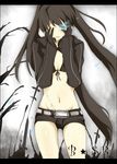 bad_id bad_pixiv_id bangs belt bikini_top black_hair black_rock_shooter black_rock_shooter_(character) blue_eyes burning_eye coat front-tie_top gloves hands_on_own_face hood hooded_jacket jacket long_hair midriff mono_(recall) navel scar short_shorts shorts solo star tears tree twintails uneven_twintails very_long_hair 