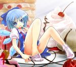  blue_eyes blue_hair bow cake cirno feet food fruit hands hands_on_feet ice_cream in_food minigirl pastry porurin short_hair sock_pull socks solo strawberry touhou wings 