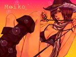  ataru bikini_top boots breasts brown_eyes brown_hair cleavage cowboy_hat hat large_breasts meiko scarf short_hair smile solo vocaloid western whip 