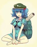  backpack bag barefoot blue_eyes blue_hair bottomless eyebrows feet full_body hair_bobbles hair_ornament hands_on_feet hat indian_style jean_(jean_sp) kawashiro_nitori key open_mouth short_twintails simple_background sitting smile solo thick_eyebrows touhou twintails two_side_up v_arms 
