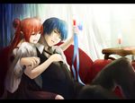  1girl alternate_color bite_mark blood blue_eyes blue_hair double_bun fangs formal hatsune_miku kaito long_hair momopanda necktie red_eyes red_hair short_hair sitting smile suit vampire vocaloid 