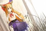  bare_shoulders brown_eyes chain gourd grass horns ibuki_suika long_hair ochau orange_hair shirt sleeveless sleeveless_shirt smile solo touhou 