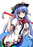  absurdres blue_hair blush food fruit hat highres hinanawi_tenshi hirayama-h long_hair peach red_eyes smile solo sword sword_of_hisou touhou weapon 