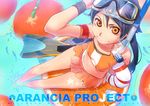  arancia bikini black_eyes brown_hair character_name diving_mask english fins fish food foreshortening from_above fruit innertube legs looking_up midriff miniskirt orange orange_eyes orange_skirt original pool ryota-h see-through sitting skirt smile snorkel soaking_feet solo star swimsuit tankini twintails water wet 