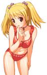  blonde_hair bow breasts brown_eyes choker finger_to_mouth hair_bow jewelry large_breasts leaning_forward necklace original poripori shushing solo twintails 
