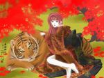  barefoot japanese_clothes juuni_kokuki kimono long_hair nakajima_youko red_hair solo tiger tree 