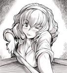  :p billiards breasts casual cleavage cue_stick greyscale hairband hina_ichigo large_breasts monochrome older one_eye_closed ringlets rozen_maiden sleeves_rolled_up solo tongue tongue_out tsuda_nanafushi 