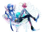  arms_up blue_eyes blue_hair blue_scarf cherry cup food fruit ice_cream kaito male_focus scarf sitting smile solo vocaloid yuu_(arcadia) 