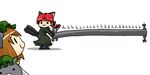  :3 :d animal_ears braid brown_hair cat cat_ears cat_tail chen chen_(cat) dual_persona earrings gap hair_ribbon hat highres jewelry kaenbyou_rin longcat multiple_girls multiple_tails open_mouth red_hair ribbon seki_(red_shine) short_hair smile tail time_paradox touhou twin_braids twintails 