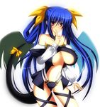  asymmetrical_wings blue_hair blush bow breasts choker chubame cleavage dizzy finger_to_mouth guilty_gear hair_bow highres large_breasts long_hair midriff red_eyes ribbon solo tail tail_raised tail_ribbon twintails underboob wings 