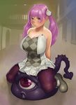  bad_id bad_pixiv_id breasts cleavage copyright_request highres huge_breasts monster pantyhose plump purple_eyes purple_hair sakai_toshihiro sitting solo twintails 