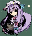  bangs blunt_bangs book bow bowtie grimoire head_tilt holding holding_book long_hair ofly_(ofly252) patchouli_knowledge pink_bow red_bow red_neckwear shaded_face solo touhou very_long_hair 