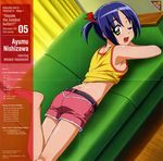  absurdres ass barefoot breasts crease feet fujii_masahiro green_eyes hayate_no_gotoku! highres large_breasts looking_back lying nishizawa_ayumu on_stomach one_eye_closed open_mouth scan scan_artifacts short_hair shorts sideboob solo twintails 