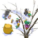  5girls copyright_request from_above lowres multiple_boys multiple_girls pixel_art snow spoiled_kandume transparent_background tree 