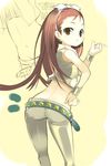  back bare_shoulders belt bow brown_hair cool_&amp;_sexy_(idolmaster) earrings from_behind hands idolmaster idolmaster_(classic) jewelry long_hair looking_back minase_iori noripachi solo star 
