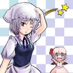  2girls :d :p arm_up arms_up aw bad_id bad_pixiv_id bat_wings bloomers bloomers_on_head blue_eyes braid checkered checkered_background chibi dojikko_pose hat izayoi_sakuya multiple_girls object_on_head one_eye_closed open_mouth purple_hair red_eyes remilia_scarlet short_hair silver_hair smile tongue tongue_out touhou twin_braids underwear wings 