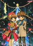  1girl absurdres calendar_(medium) cardcaptor_sakura christmas christmas_lights couple december fujita_mariko green_eyes hat hetero highres kinomoto_sakura li_xiaolang november official_art red_hat scan scarf stuffed_animal stuffed_toy teddy_bear 