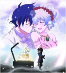  1girl artist_request blue_hair blush bridal_veil bride couple dress dual_persona flower gloves hair_ornament hetero jewelry long_hair multicolored_hair nia_teppelin older short_hair simon smile tengen_toppa_gurren_lagann two-tone_hair veil wedding wedding_dress younger 