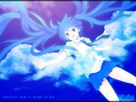  blue_eyes blue_hair engrish fake_wings falling hatsune_miku long_hair necktie ranguage skirt sky solo tomsan twintails very_long_hair vocaloid wings 