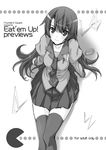  bakemonogatari greyscale hagiya_masakage long_hair monochrome monogatari_(series) pac-man pac-man_(game) school_uniform senjougahara_hitagi skirt solo stapler thighhighs zettai_ryouiki 