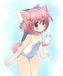  :3 animal_ears blue_eyes blush bow cat_ears child highres leaning_forward one-piece_swimsuit original pink_hair ribbon school_swimsuit short_hair solo swimsuit tail toba_hiyoko white_school_swimsuit white_swimsuit 