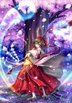  arched_back bow brown_hair cherry_blossoms detached_sleeves gohei hair_bow hair_ribbon hakurei_reimu hitodama japanese_clothes long_skirt looking_at_viewer magic mary_janes pantyhose red_eyes ribbon shoes skirt solo tidsean touhou tree white_legwear wide_sleeves 