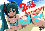  aqua_eyes aqua_hair aqua_nails barefoot beach bikini day hatsune_miku headphones headset long_hair lying nail_polish on_stomach outdoors side-tie_bikini solo swimsuit twintails vocaloid yoshihara_maito 